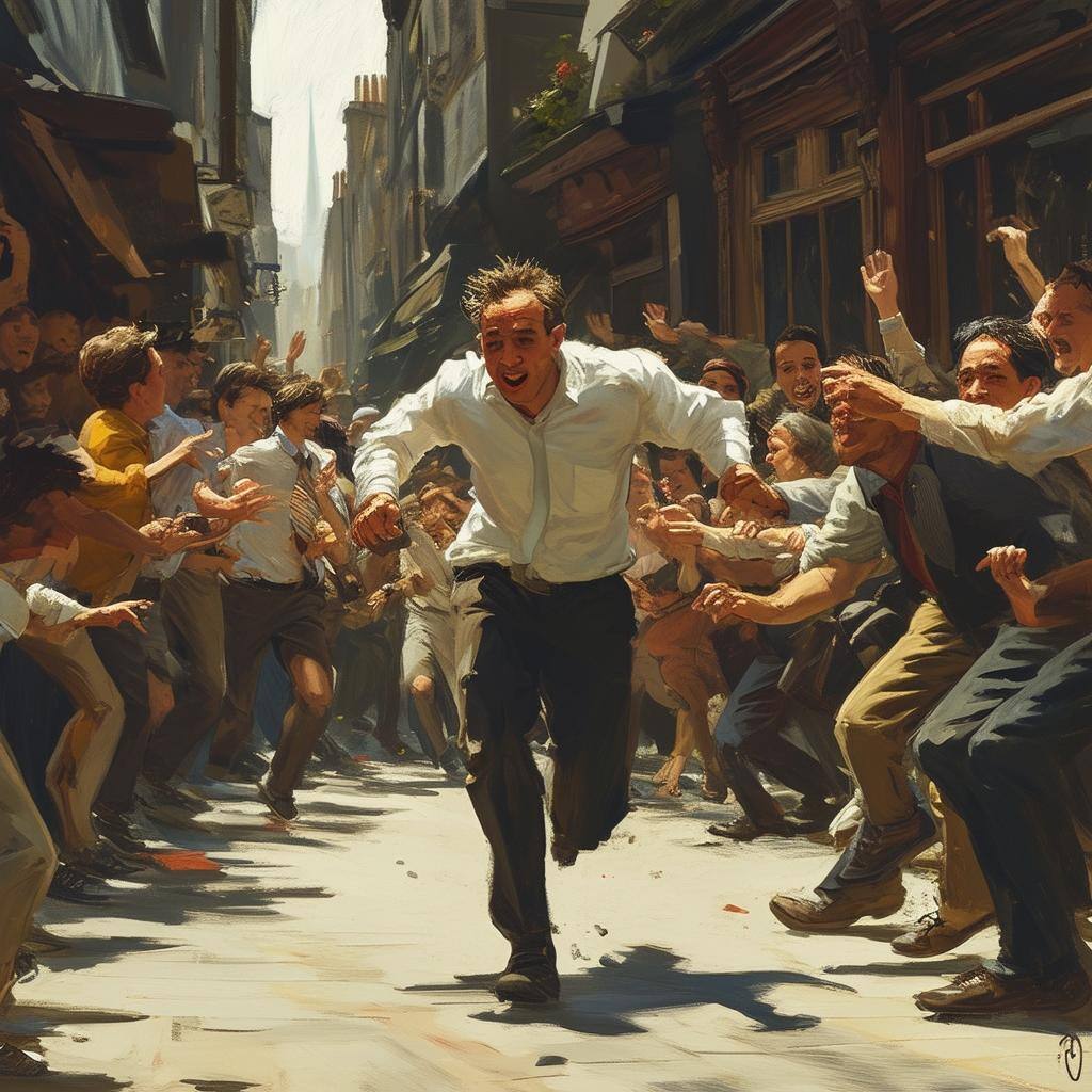 A tenant runs through the gauntlet full of people to reach a flat-2